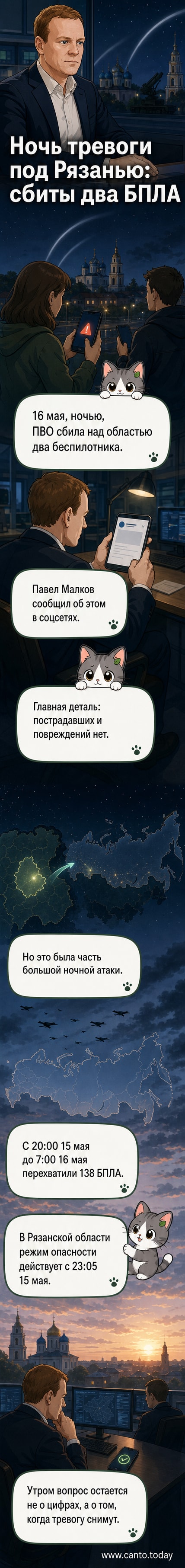 Иллюстрация: ночное небо над Рязанской областью, два БПЛА взрываются от залпов ПВО, внизу — тихая местность без повреждений