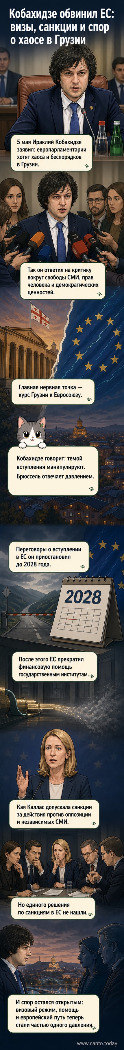 Иллюстрация: грузинский премьер и флаг ЕС на фоне разрывающихся переговоров, символизирующего напряжённые отношения.