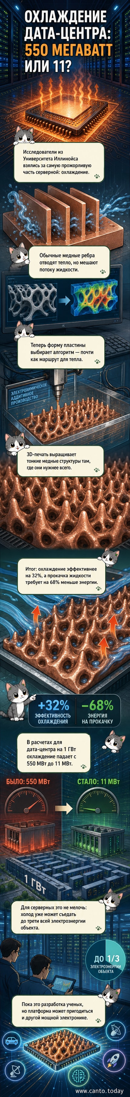 Иллюстрация: 3D-печатный медный радиатор сложной формы, охлаждающий процессор в дата-центре, с потоками жидкости и тепловыми волнами.