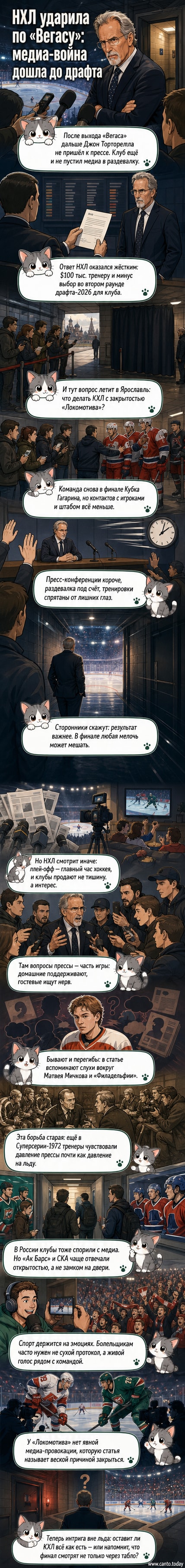 Иллюстрация: тренер в костюме отворачивается от группы журналистов с микрофонами, за спиной — логотип «Вегаса» и штрафной лист НХЛ