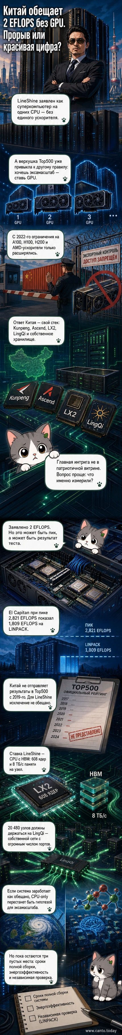 Иллюстрация суперкомпьютера LineShine с процессорами LX2, соединёнными в высокоскоростную сеть, на фоне китайского флага и схемы архитектуры без GPU