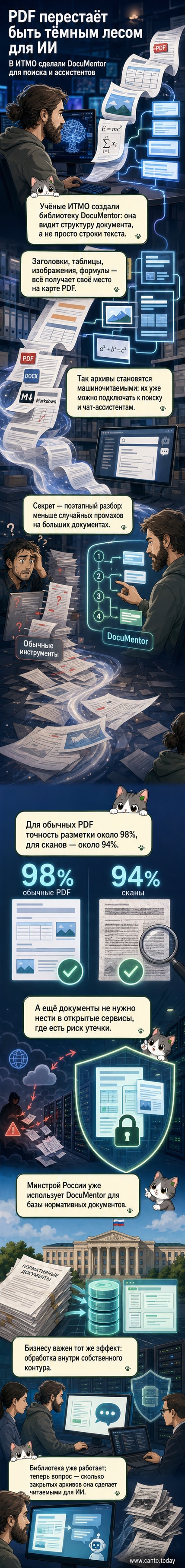 Иллюстрация интерфейса DocuMentor, анализирующего структуру PDF-документа с выделением заголовков, таблиц и формул