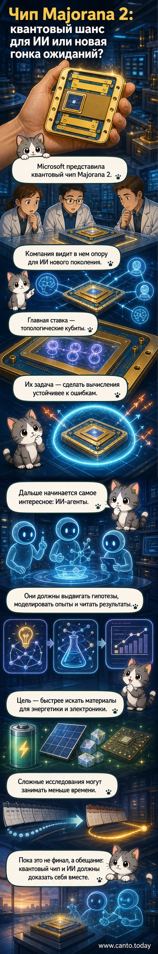Иллюстрация квантового чипа Majorana 2 с топологическими кубитами и схемой взаимодействия с ИИ-системами