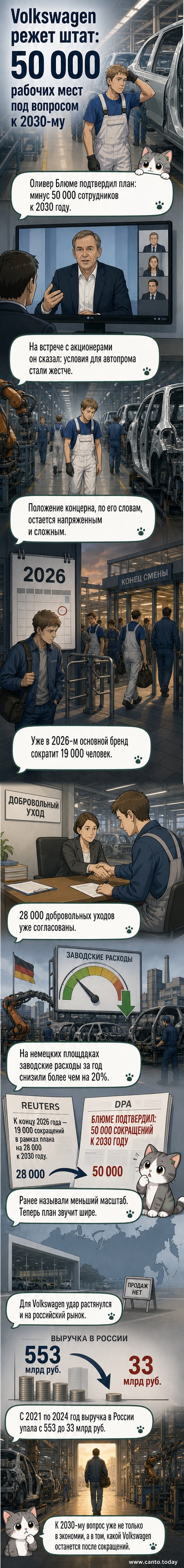 Иллюстрация: силуэты работников у закрытого автозавода, на заднем плане — логотип Volkswagen и график сокращения персонала