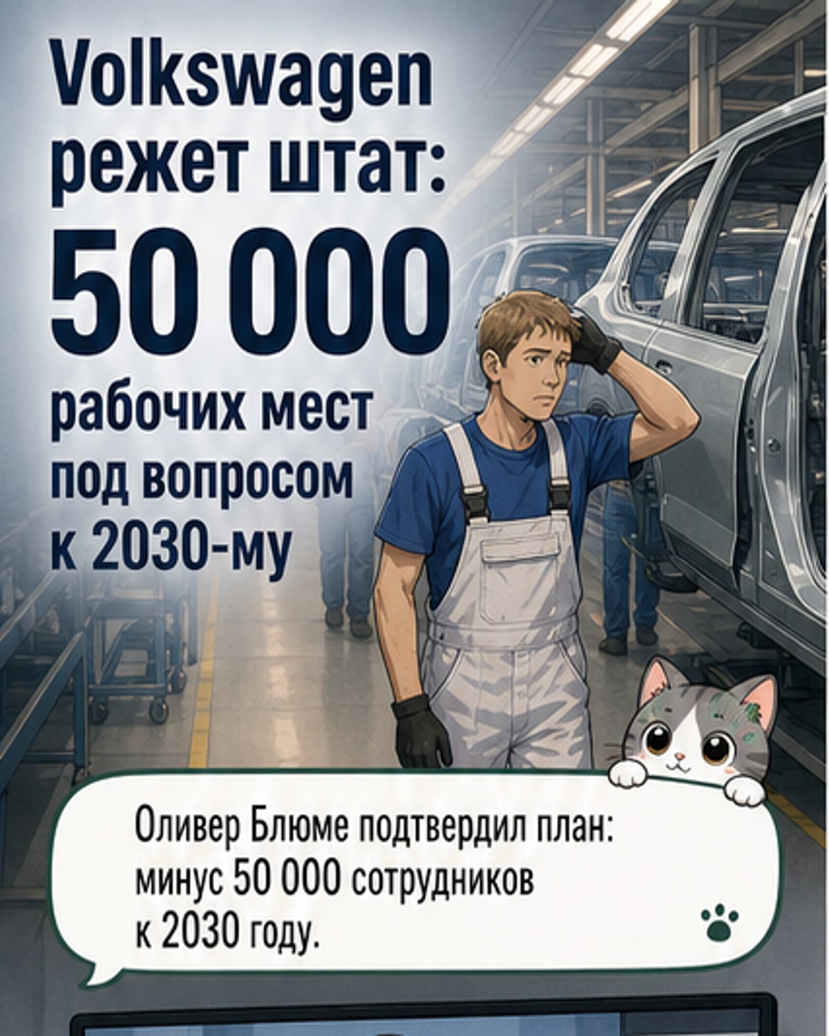 Иллюстрация: силуэты работников у закрытого автозавода, на заднем плане — логотип Volkswagen и график сокращения персонала