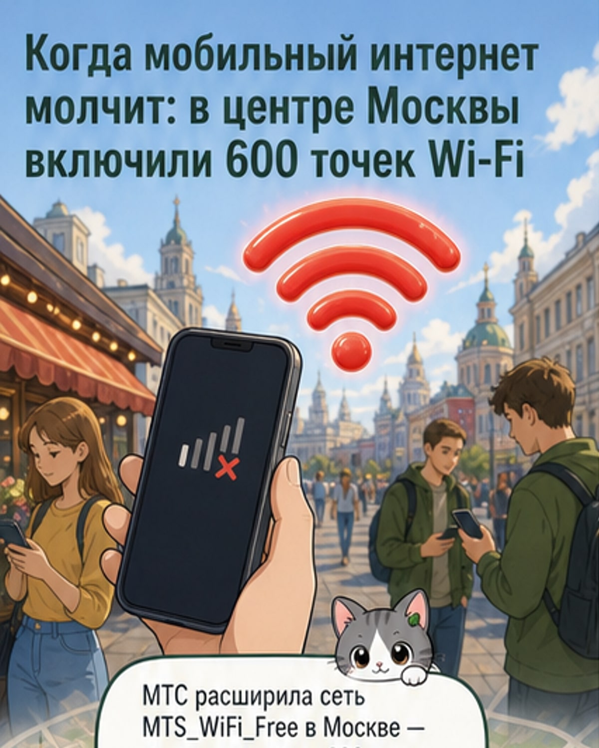 Карта центра Москвы с обозначением множества точек Wi-Fi от МТС, фон — городские улицы и пешеходы с гаджетами