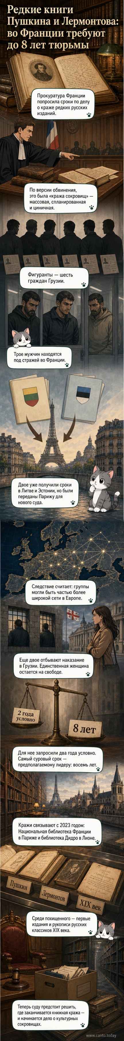 Изображение редких книг Пушкина и Лермонтова на фоне французского суда, символизирующее дело о краже культурных ценностей.