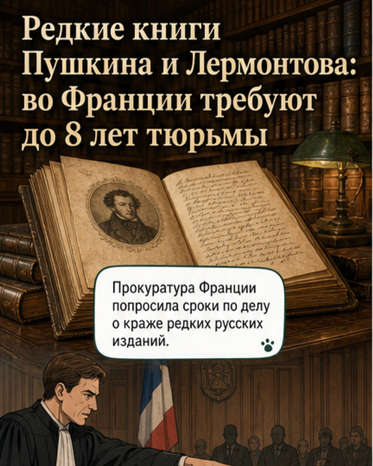 Изображение редких книг Пушкина и Лермонтова на фоне французского суда, символизирующее дело о краже культурных ценностей.