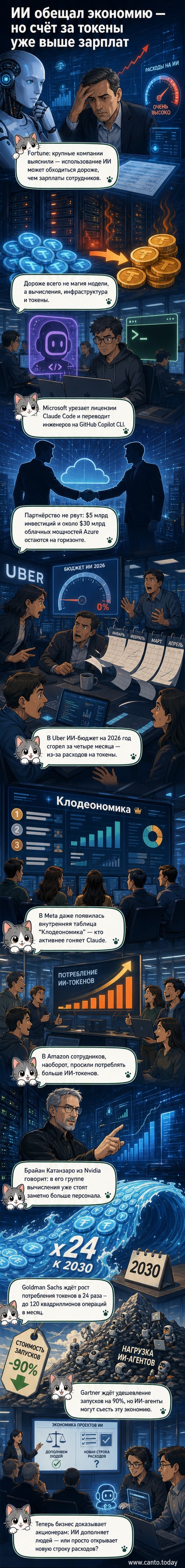 Иллюстрация: робот с ноутбуком стоит перед графиком роста затрат, на котором ИИ-линия резко уходит вверх, превосходя линию зарплат сотрудников.