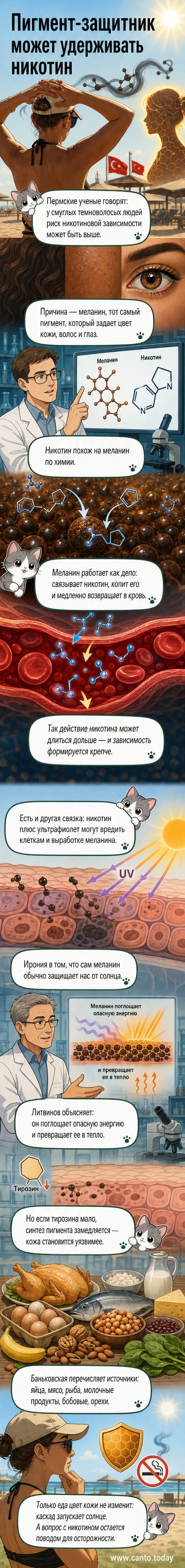 Иллюстрация: человек с темной кожей и волосами держит сигарету, вокруг — молекулярные структуры меланина и никотина, соединяющиеся между собой