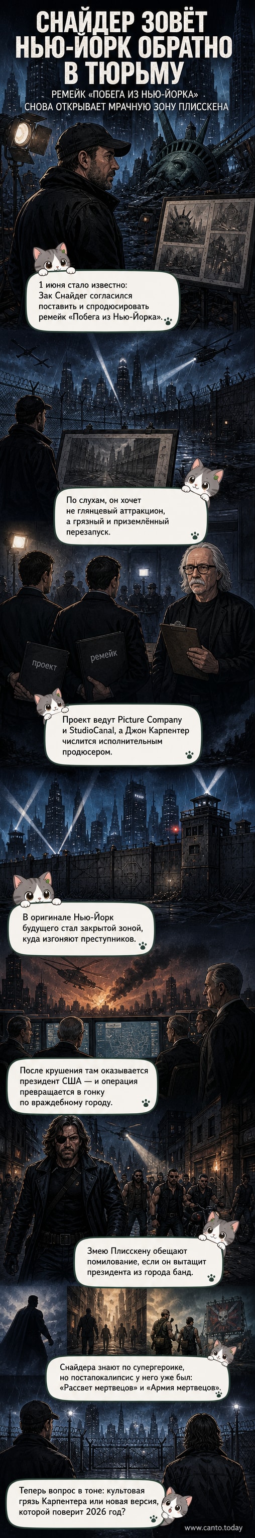 Стилизованное изображение разрушенного Нью-Йорка с силуэтом Зака Снайдера и персонажа Змеи Плисскена на фоне пожаров и руин