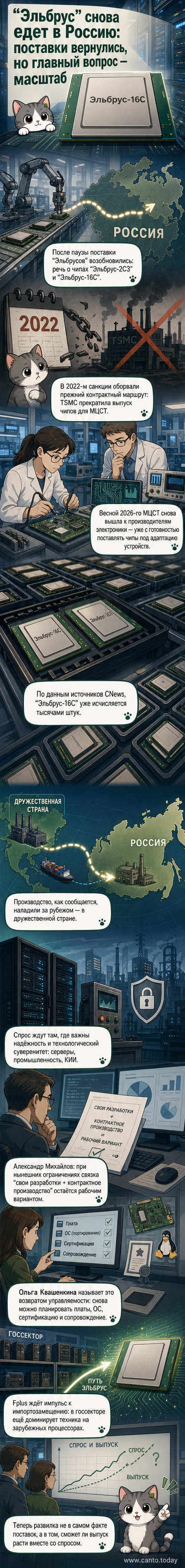 Иллюстрация процессора «Эльбрус-16С» на фоне схемы чипа и силуэтов дата-центра