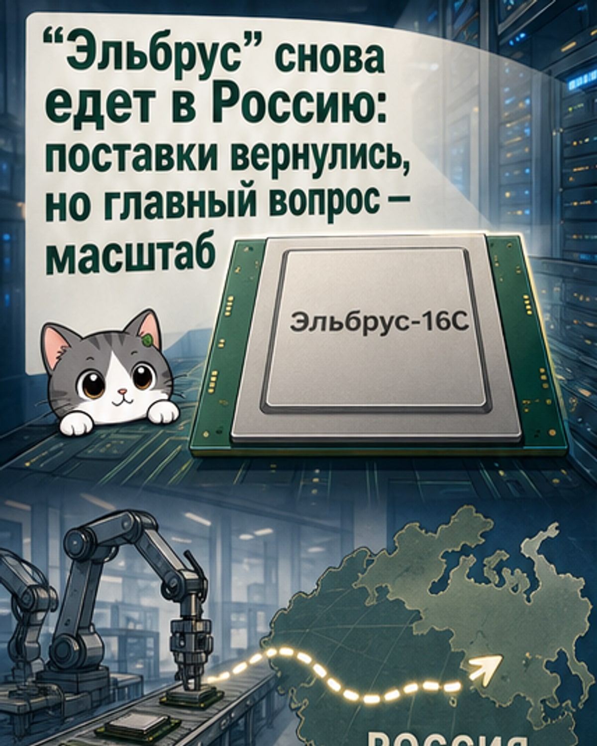 Иллюстрация процессора «Эльбрус-16С» на фоне схемы чипа и силуэтов дата-центра