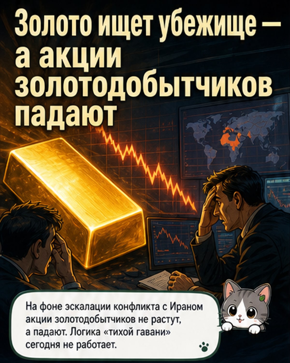 График падения акций золотодобытчиков на фоне геополитического кризиса с подписью: «Золото больше не убежище»