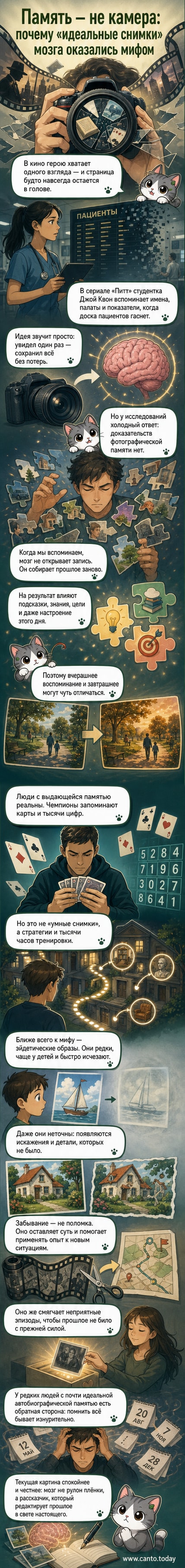 Иллюстрация человеческого мозга, из которого выходят фрагменты изображений, как будто память собирается из кусочков, а не сохраняется целиком.