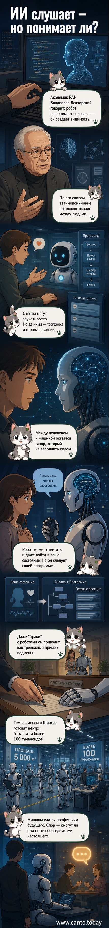 Иллюстрация: человек разговаривает с роботом, но между ними — прозрачная стена с надписью «имитация»