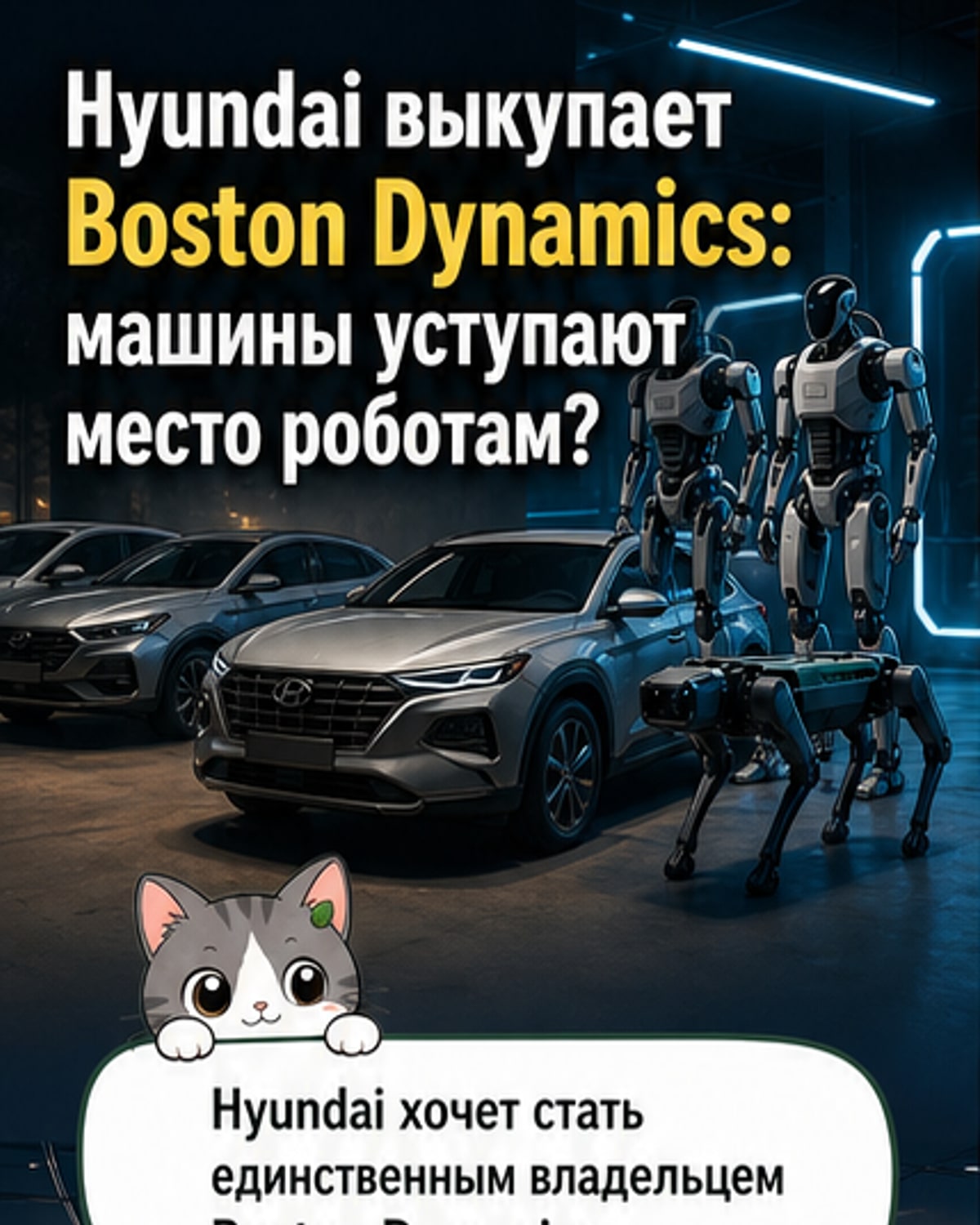 Робот Boston Dynamics Atlas стоит перед логотипом Hyundai, символизируя переход компании под полный контроль корейского концерна