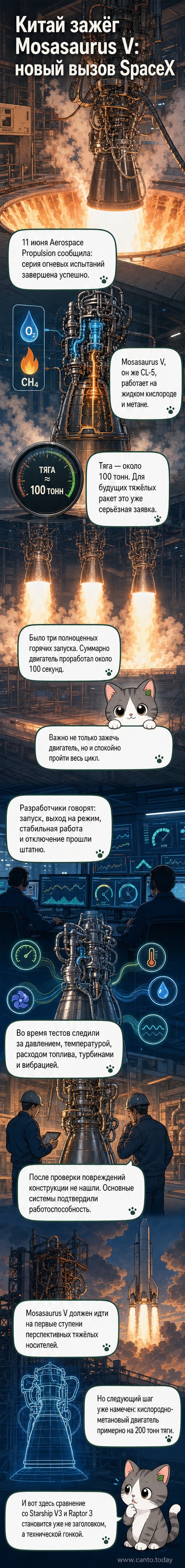 Изображение испытания ракетного двигателя Mosasaurus V с мощным пламенем и дымом на фоне испытательного стенда