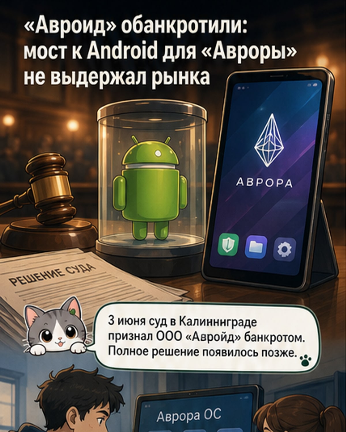 Иллюстрация: разбитый смартфон с логотипом российской ОС «Аврора», рядом — символы Telegram и Android, фон — государственные здания и схема банкротства.