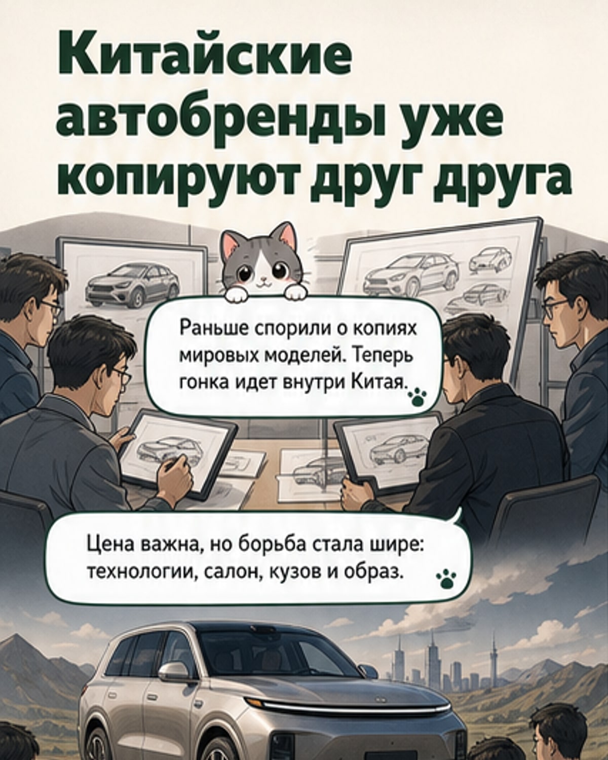 Коллаж из китайских электромобилей: Xiaomi YU7, Voyah Passion S и Luxeed RX, стилизованных под спортивные кроссоверы с длинным капотом.