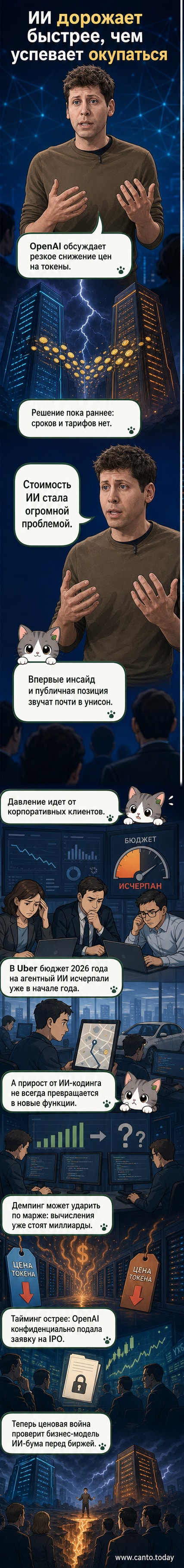 Иллюстрация: Сэм Альтман смотрит на график роста расходов на ИИ, фоном — два соперничающих робота от OpenAI и Anthropic.