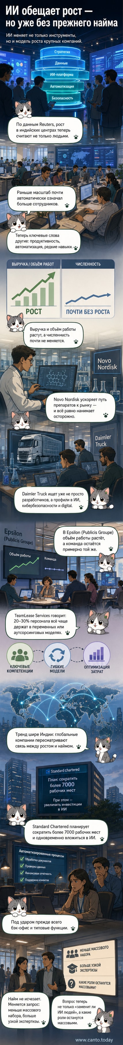 Иллюстрация: робот и человек работают за одним столом, на экране — графики роста выручки и сокращения найма