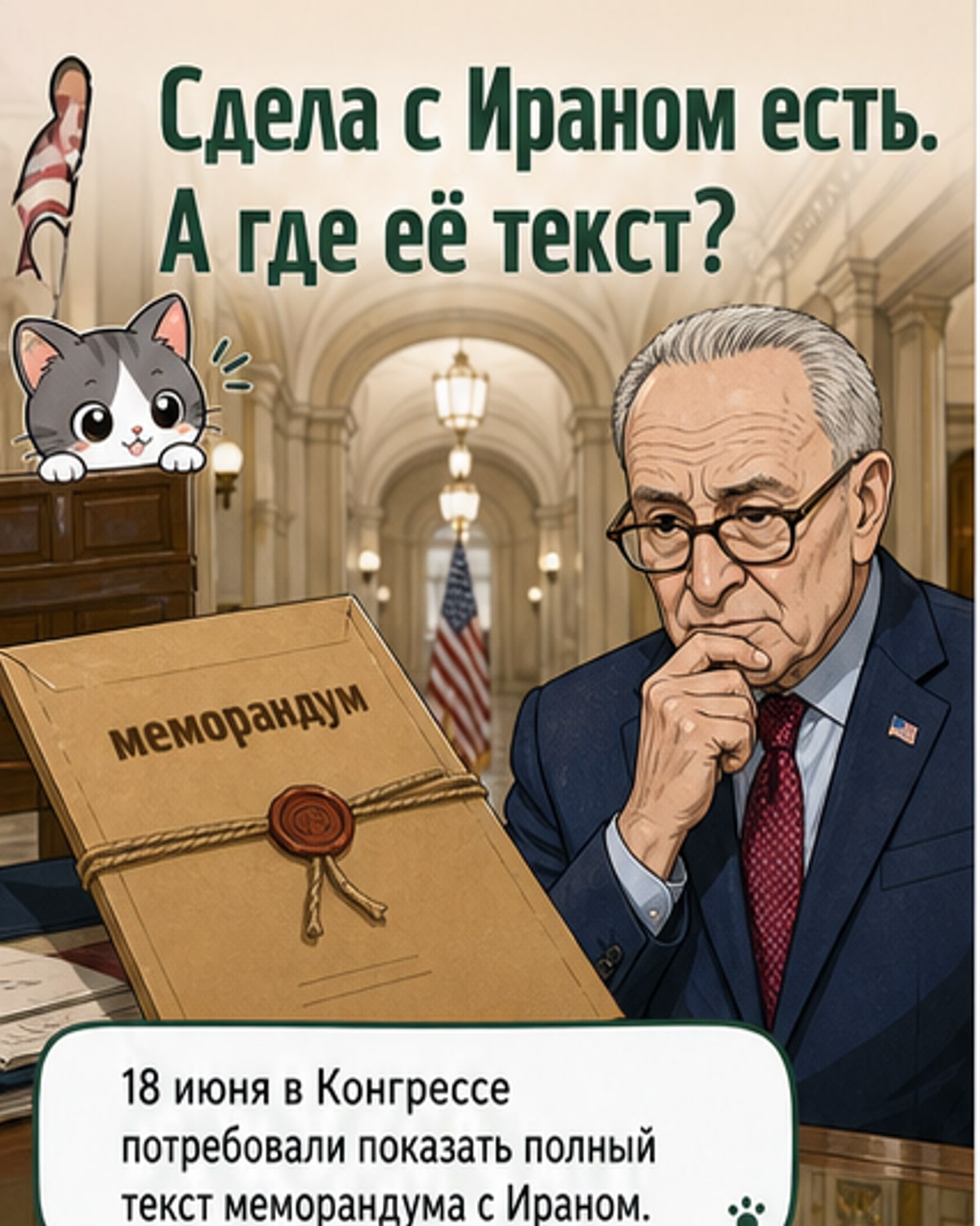Иллюстрация: американские законодатели обсуждают закрытый документ с надписью «Меморандум с Ираном», на заднем плане — флаги США и Ирана.