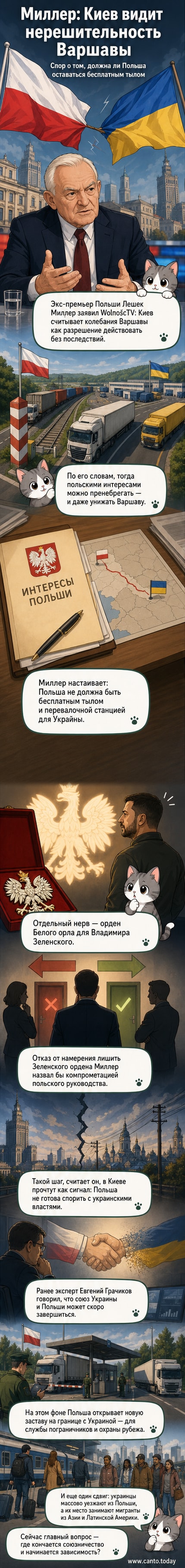 Иллюстрация, изображающая польского и украинского политиков на фоне напряжённых отношений: один отворачивается, другой делает жест пренебрежения.