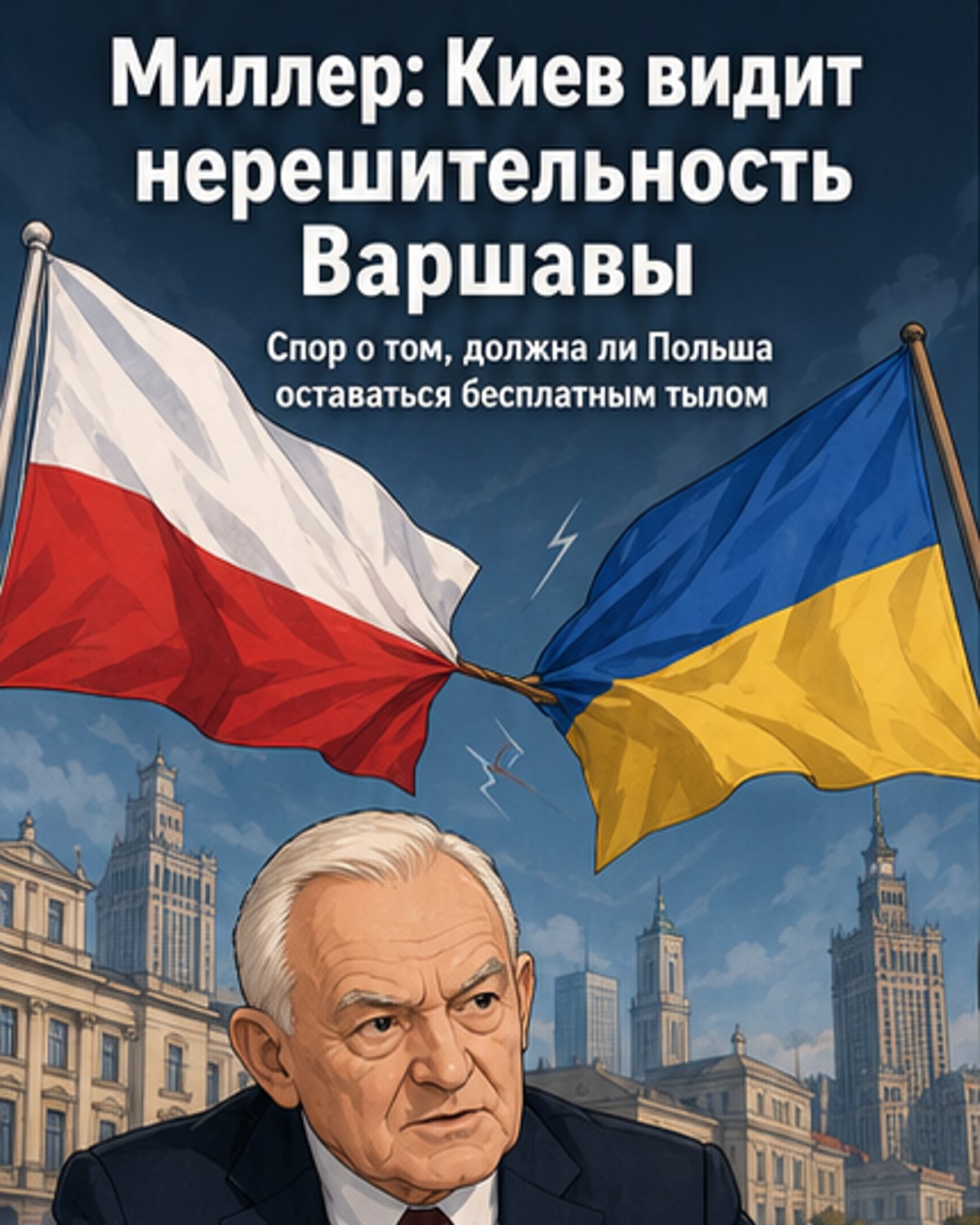 Иллюстрация, изображающая польского и украинского политиков на фоне напряжённых отношений: один отворачивается, другой делает жест пренебрежения.