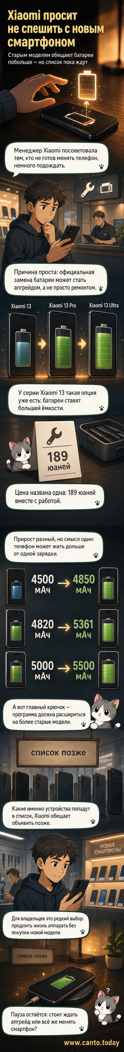 Иллюстрация: старый смартфон Xiaomi с новой батареей большей ёмкости, рядом — цифры до и после замены