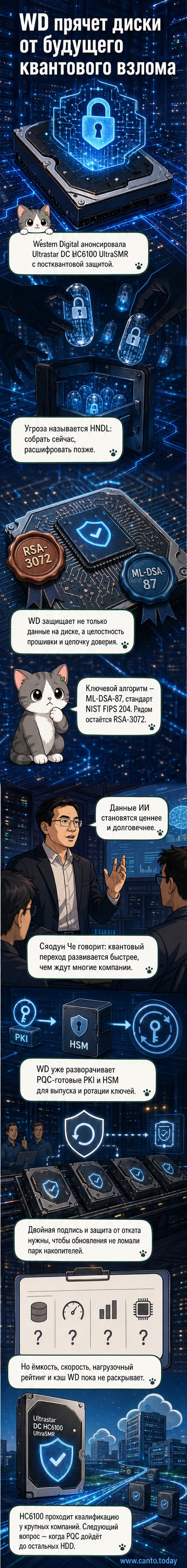 Серый корпус жёсткого диска Western Digital с голубой подсветкой, на фоне схематичного изображения квантового процессора и цифрового щита, символизирующего защиту прошивки.