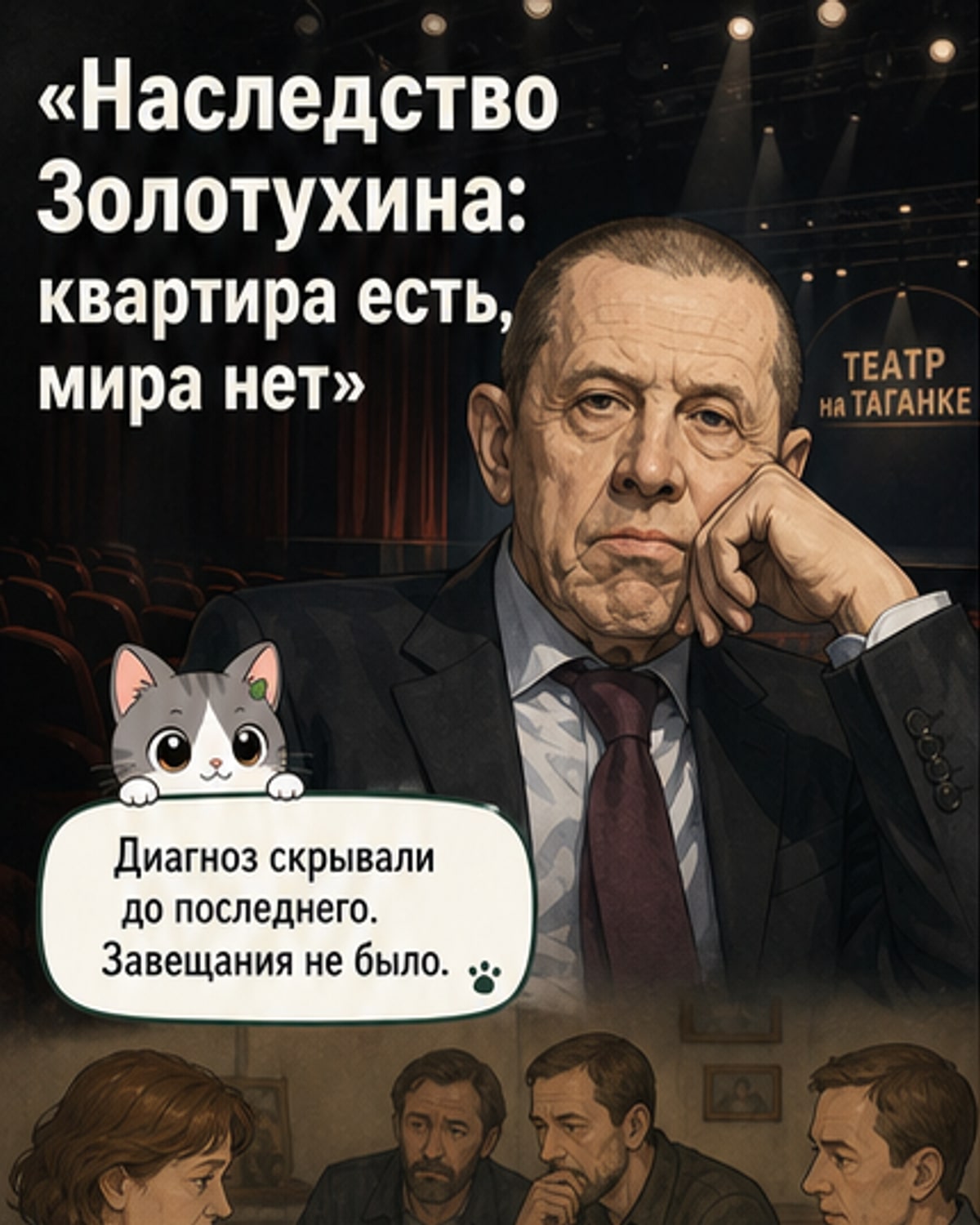 Иллюстрация: дом с тремя фигурами у окон — символ разобщённых наследников, спорящих за наследство актёра