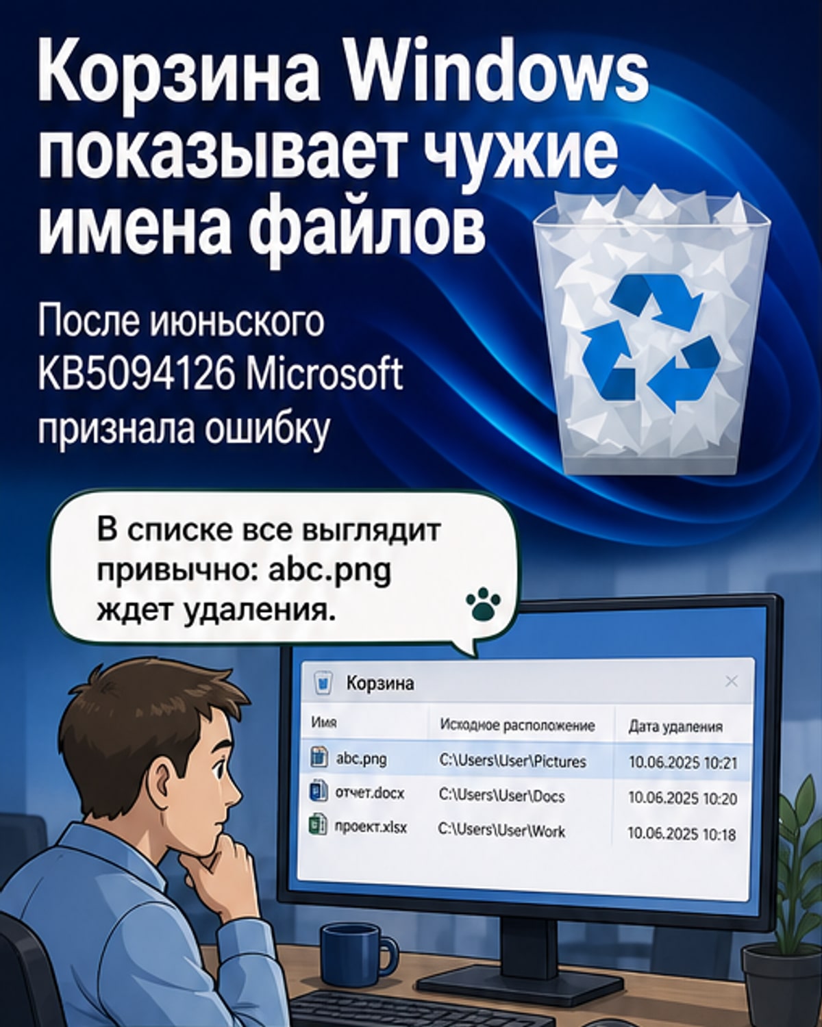 Иллюстрация: пользователь пытается удалить файл из корзины Windows, но в диалоговом окне отображается системное имя $Rxxxxx.png вместо реального названия abc.png