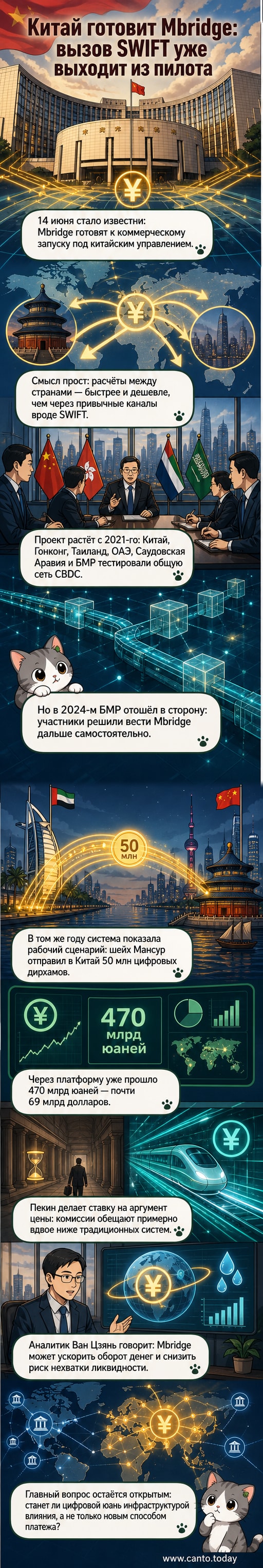Иллюстрация: цифровая сеть Mbridge против SWIFT — битва международных платежных систем, Китай и ОАЭ обмениваются цифровыми валютами через блокчейн.