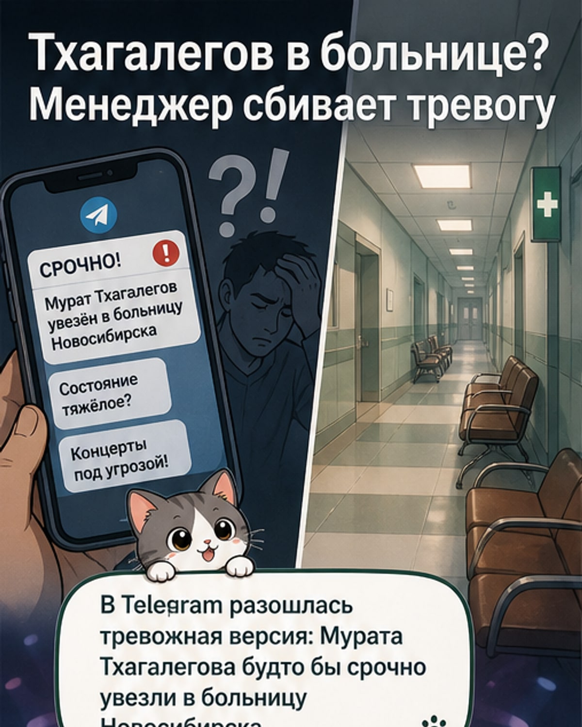 Иллюстрация: певец Мурат Тхагалегов в больничной палате, но с улыбкой, за окном — вид Ставрополя