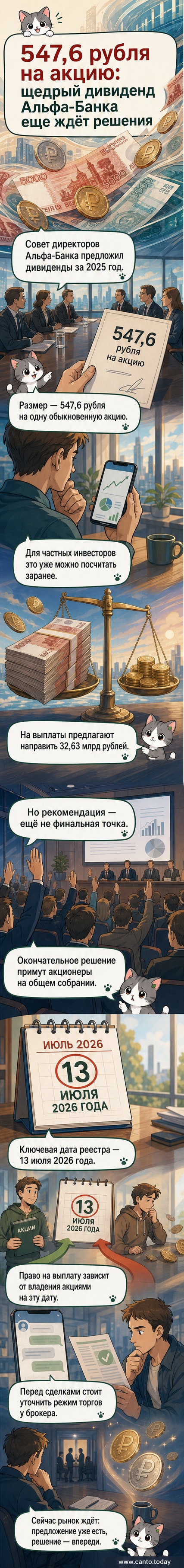 Иллюстрация: стопка купюр с логотипом Альфа-банка, на фоне график роста дивидендов и календарь с датой 13 июля 2026 года