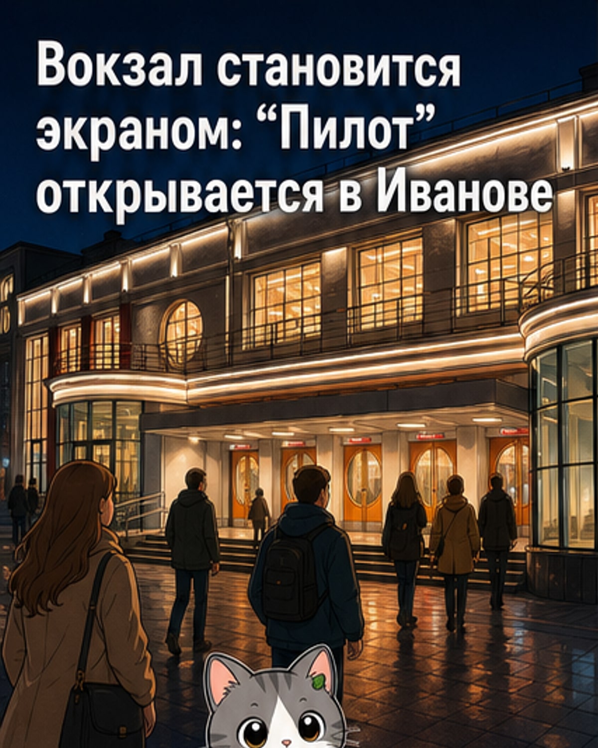 Фотография Красного зала ивановского железнодорожного вокзала, превращённого в кинозал: зрители сидят на стульях перед экраном, на заднем плане — архитектурные элементы исторического интерьера.