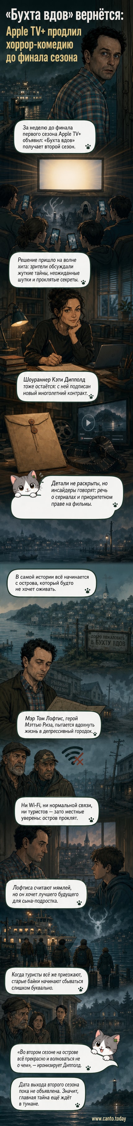 Постер сериала «Бухта вдов»: мрачный пейзаж острова, силуэты деревьев и одинокая фигура Мэттью Риза на фоне тумана.