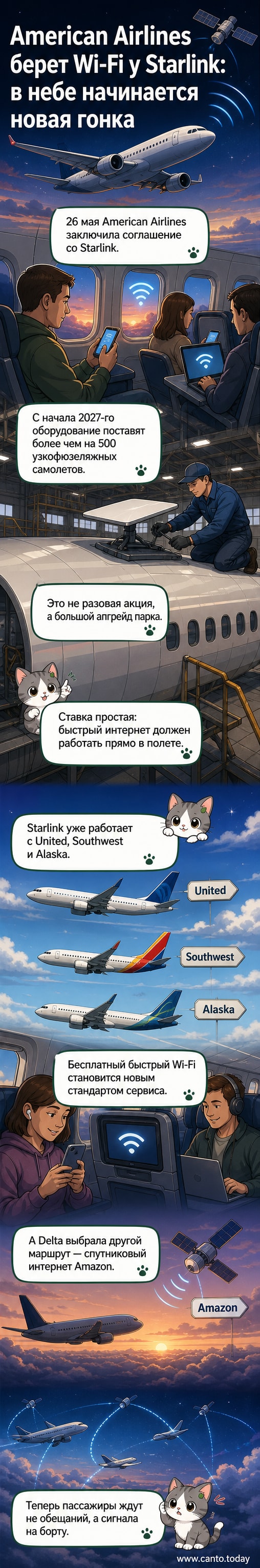 Иллюстрация: самолёт American Airlines в небе с символом Wi-Fi и спутником Starlink над крылом