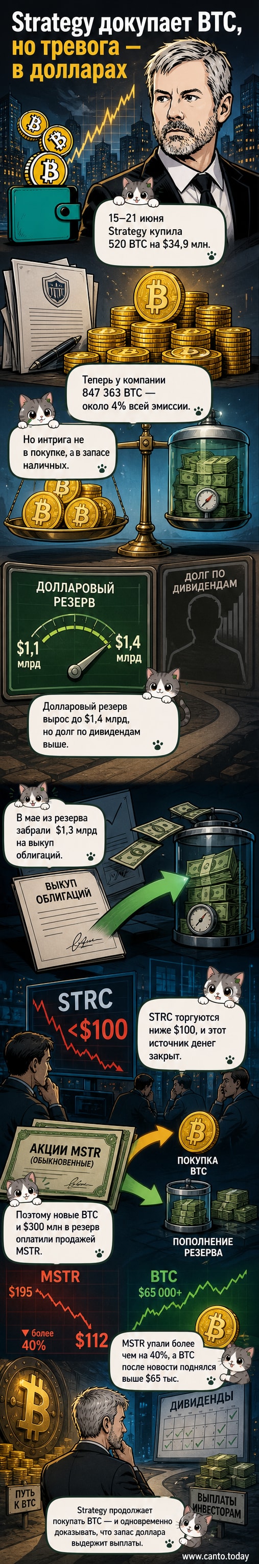 Иллюстрация: логотип компании Strategy на фоне растущего графика биткоина и стопки долларовых купюр