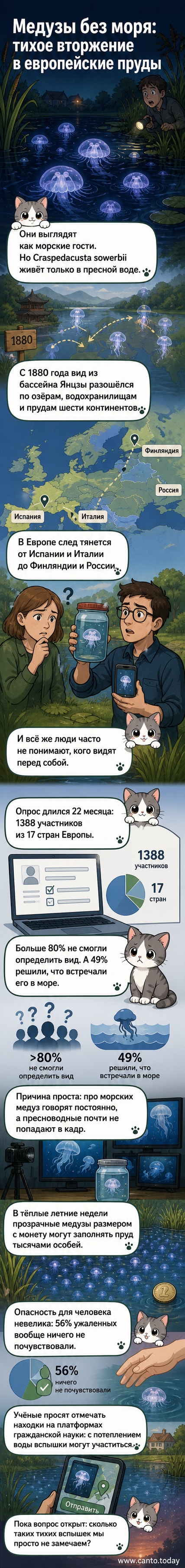 Иллюстрация прозрачной пресноводной медузы в тихом пруду, окруженной водной растительностью, с подписью о её распространении по миру.