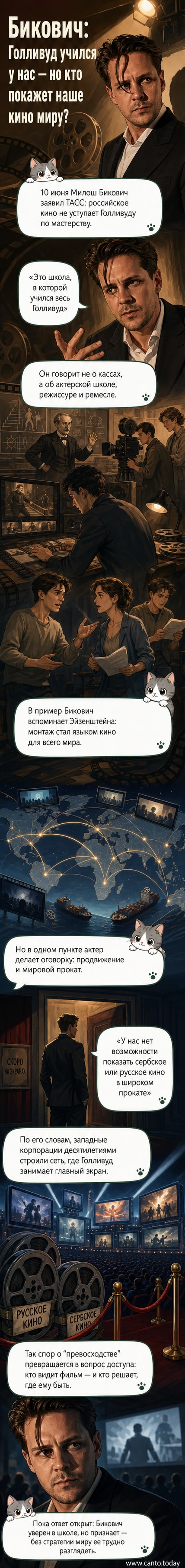 Иллюстрация: актёр Милош Бикович стоит перед киноплёнкой, на которой изображены Эйзенштейн и голливудские киностудии, символизируя влияние российской школы на мировое кино.