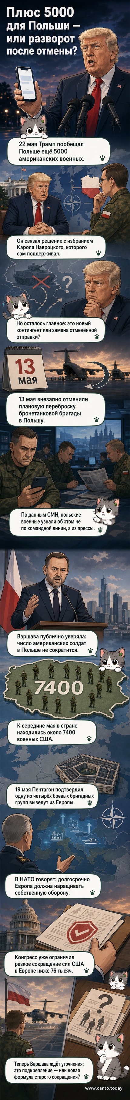 Иллюстрация: президент Трамп говорит о новых войсках, солдаты на фоне карты Польши и Европы