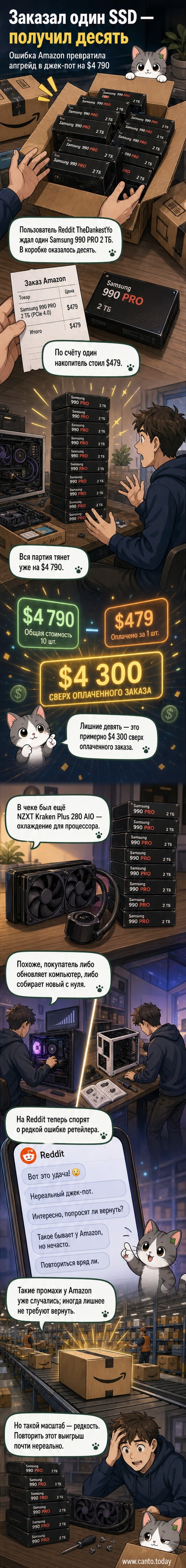 Фотография десяти коробок Samsung 990 PRO на белом фоне, одна открыта — виден SSD, рядом — чек с заказом одного устройства