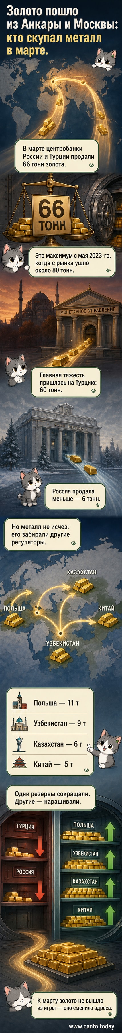 Иллюстрация: два центробанка продают золотые слитки, в то время как другие страны их скупают — визуальный контраст между продажами и закупками в марте 2026 года.