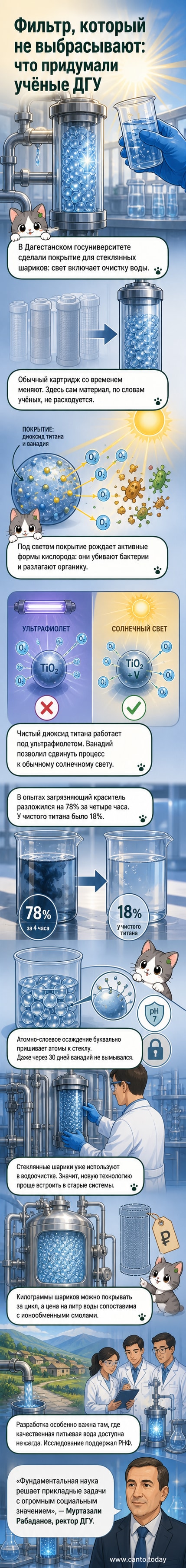 Иллюстрация: стеклянные шарики с нанопокрытием в воде, подсвеченной солнечным светом, с изображением процесса разрушения загрязнителей на молекулярном уровне.