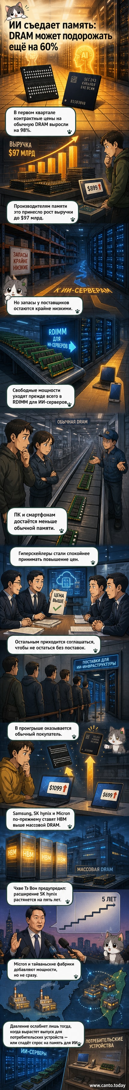 Иллюстрация: искусственный интеллект поглощает чипы оперативной памяти, на фоне графиков роста цен и заводов Samsung, SK hynix и Micron