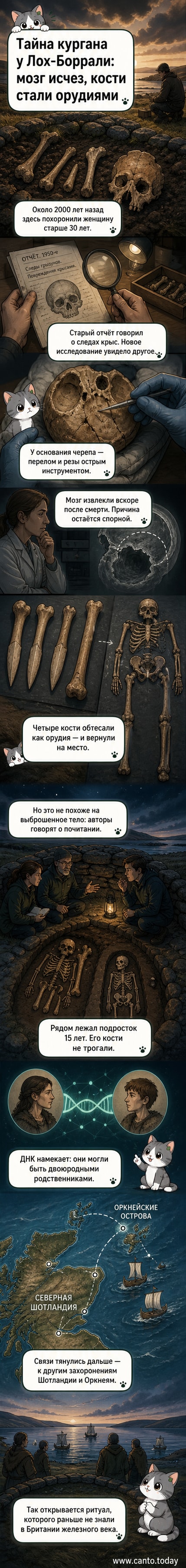 Реконструкция древнего захоронения в Шотландии: женщина железного века с обработанными костями и следами ритуала в каменном кургане.