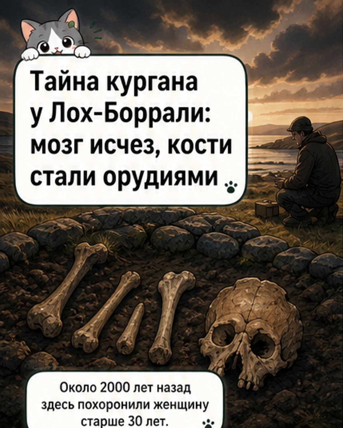 Реконструкция древнего захоронения в Шотландии: женщина железного века с обработанными костями и следами ритуала в каменном кургане.