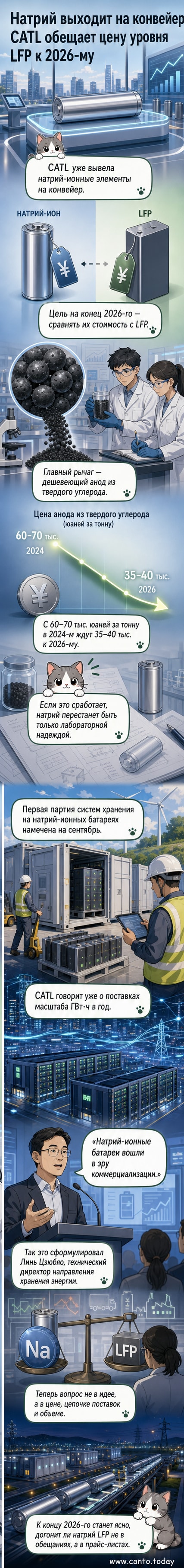 Схематичное изображение натрий-ионного аккумулятора CATL с обозначением ключевых компонентов и падающей кривой стоимости анодов